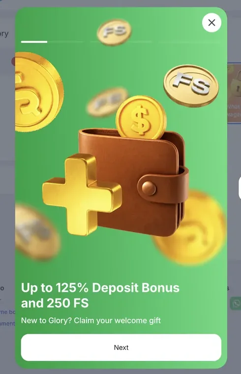 Glory Casino Brazil welcome bonus pop-up: up to 125% and 250 free spins